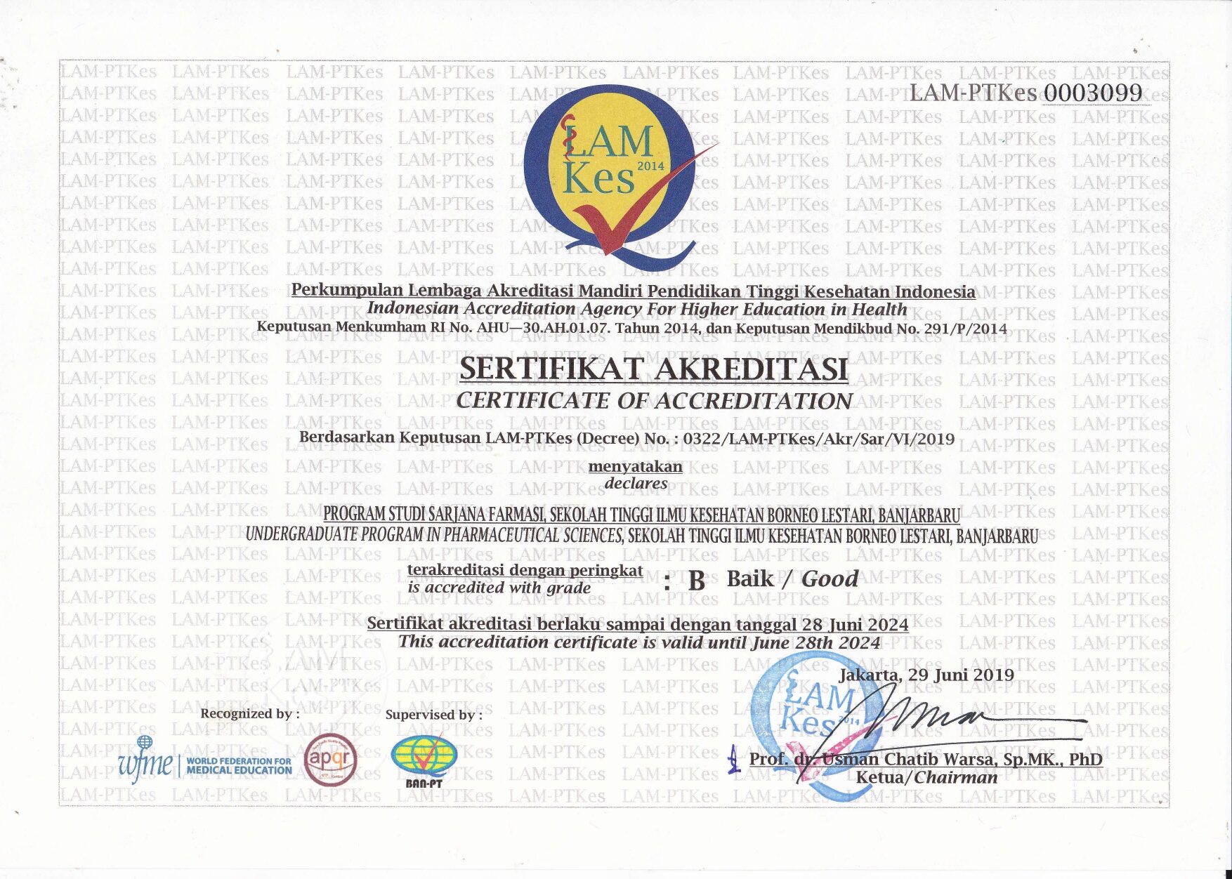Sertifikat Akreditasi Program Studi Sarjana Farmasi LAM-PTKes (2023)