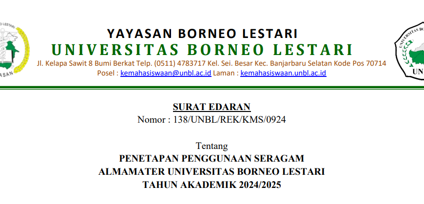 Penetapan Penggunaan Seragam Almamater Universitas Borneo Lestari Tahun Akademik 2024/2025