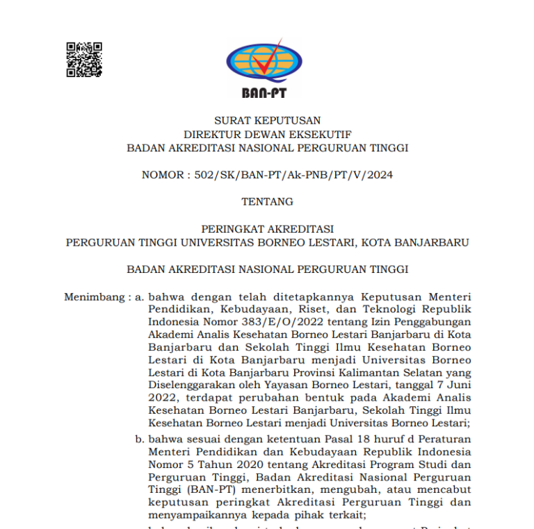 ACCREDITATION DECREE OF BORNEO LESTARI UNIVERSITY